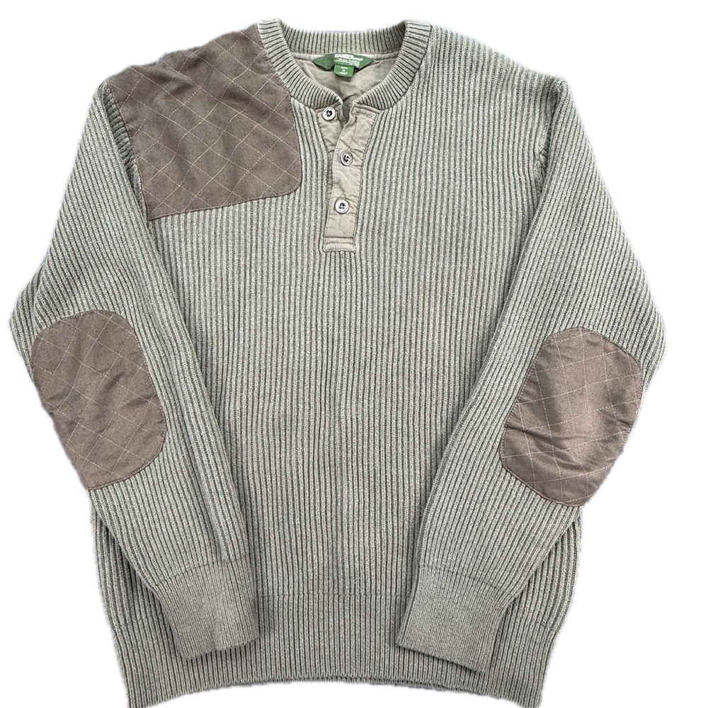 Gander Mountain Henley Sweater Mens‎ M Green Ribbed Knit Shooting Elbow Patches